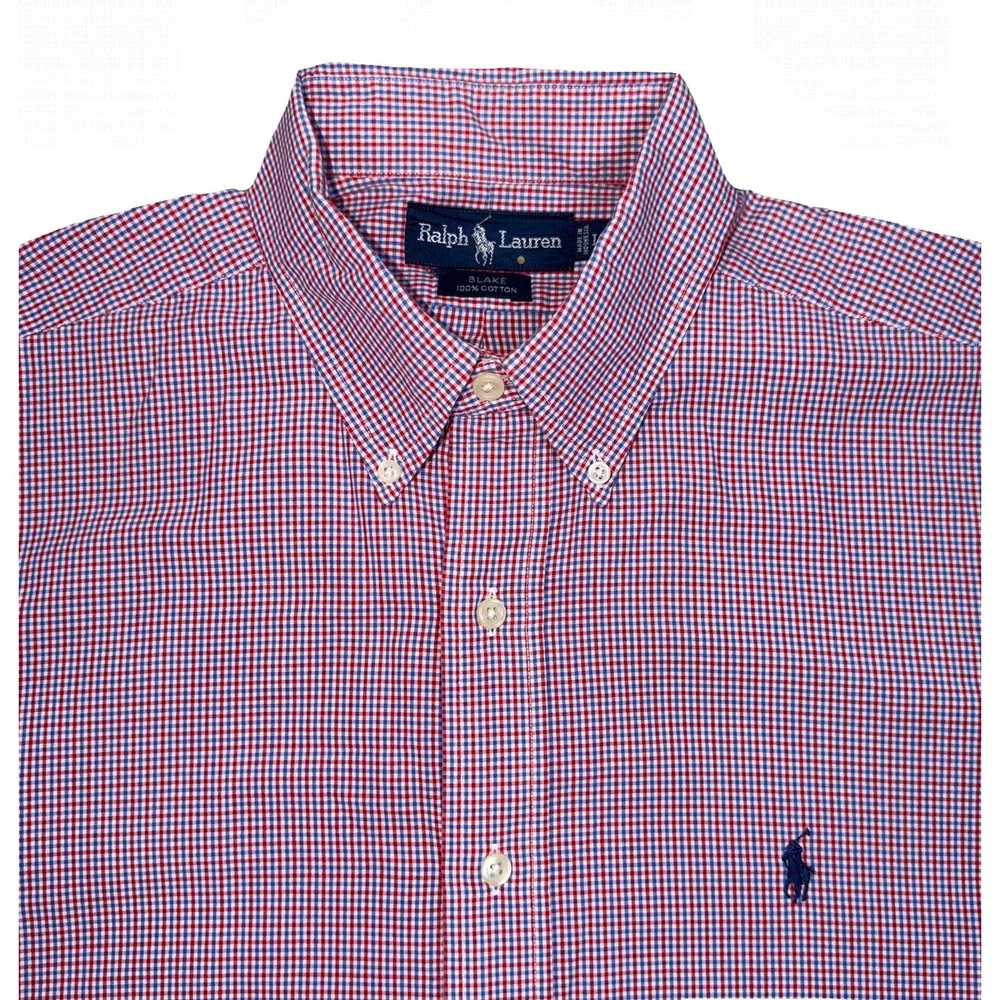 Ralph Lauren Blake Shirt Mens L Red Blue Gingham Check Short Sleeve‎ Button Down